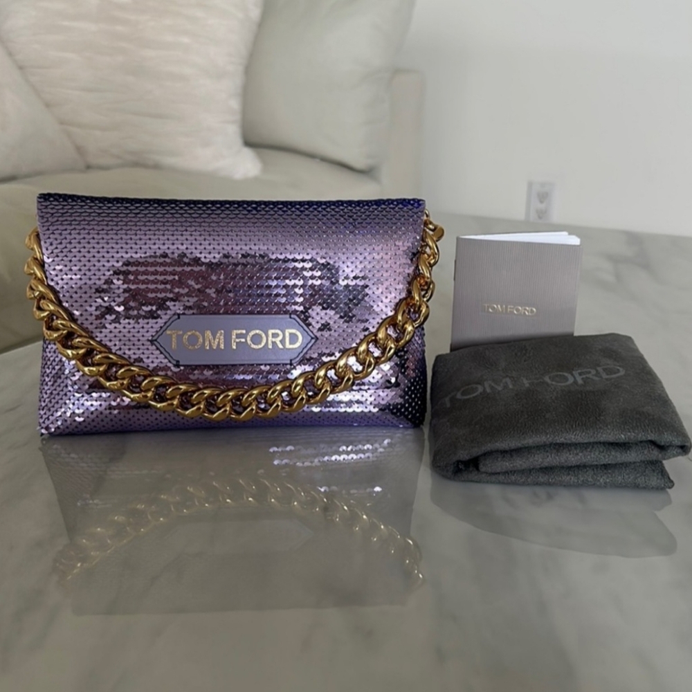 🔥RARE🔥Tom Ford Purple Sequin Clutch with Gold Chain - Picture 2 of 12